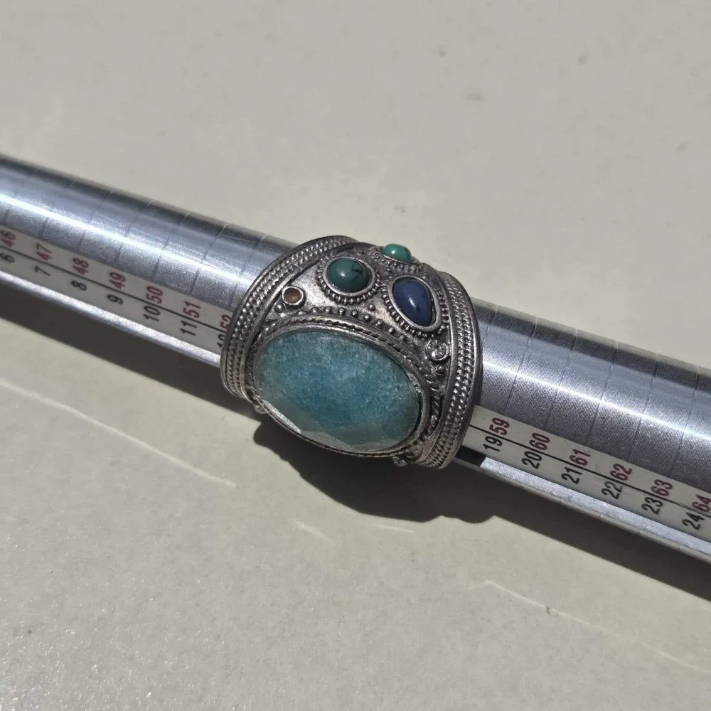 Vintage 925 Sterling Silver Mixed Stone Boho Statement Ring Size 7.25 Blue Green